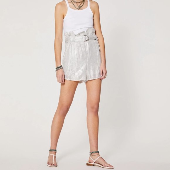 IRO Inaro "Paperbag" Belted White Sequin Shorts - Picture 3 of 11